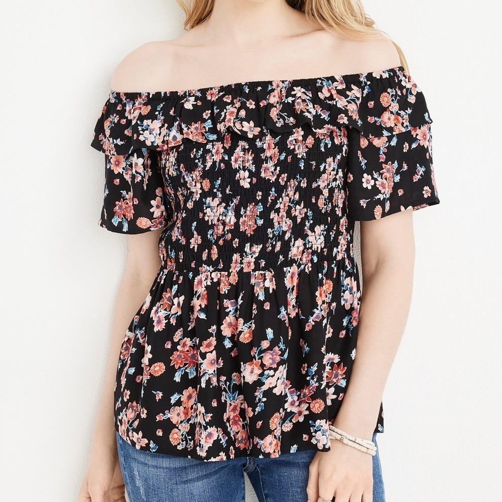 Maurices Peplum Top Black & Pink Floral Smock Off the Shoulder Medium Women’s